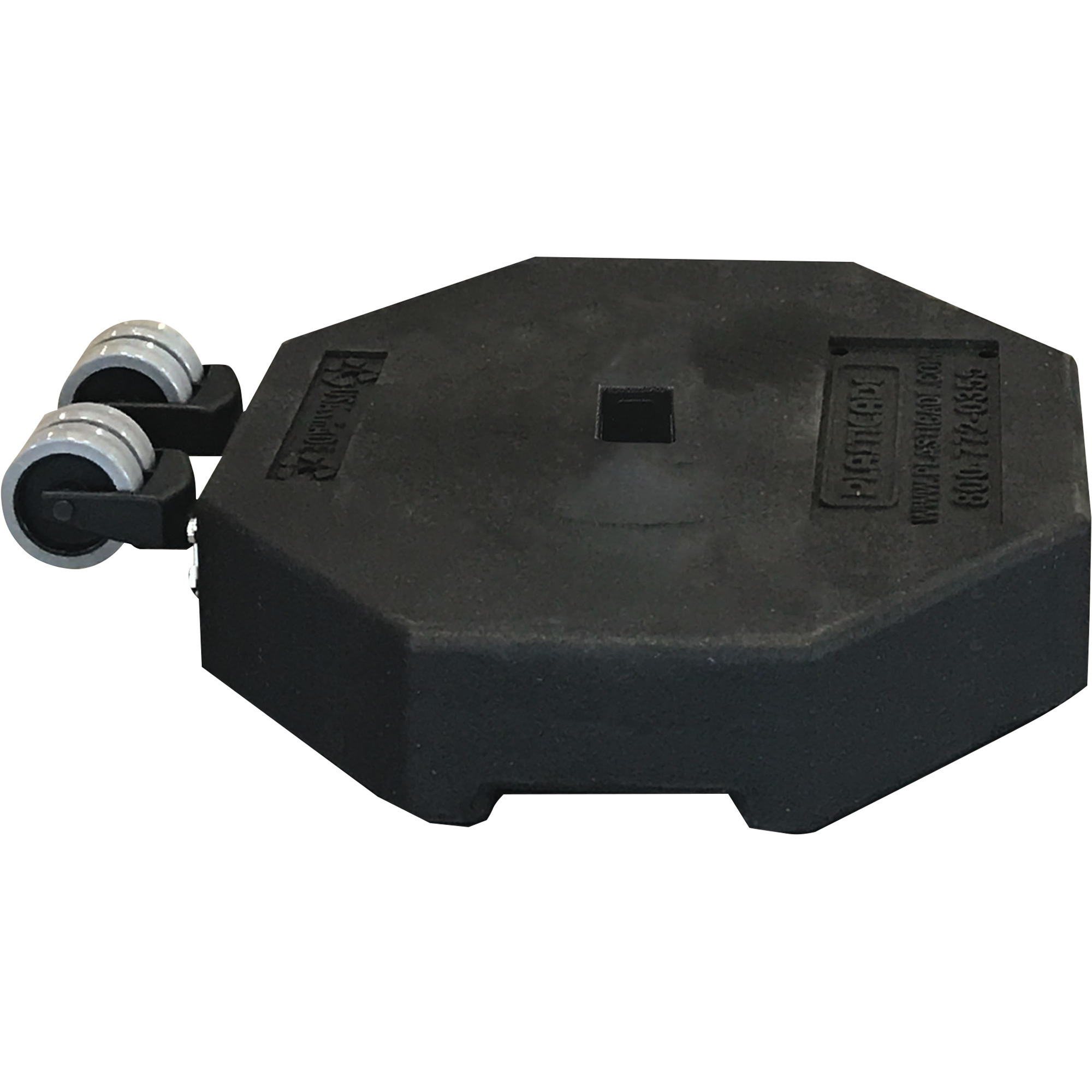 Plasticade 60-Lb. Rubber Sign Base with Wheels, 1 3/4in. x 1 3/4in. Hole for Square Post, Model# 800-RB-60WHL-1PK